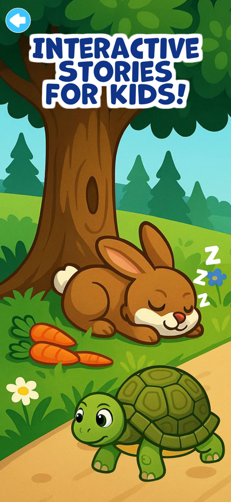 Zeichentrick-Schildkröte und schlafender Hase in einer Waldkulisse mit dem Text „Interaktive Geschichten“