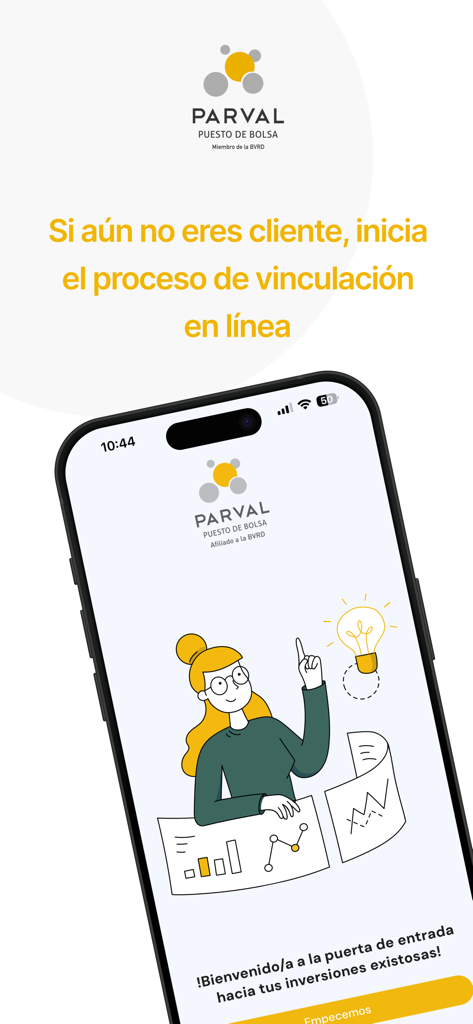 PARVAL - PARVAL mobile app welcome screen showing investment charts and a woman with a lightbulb illustration