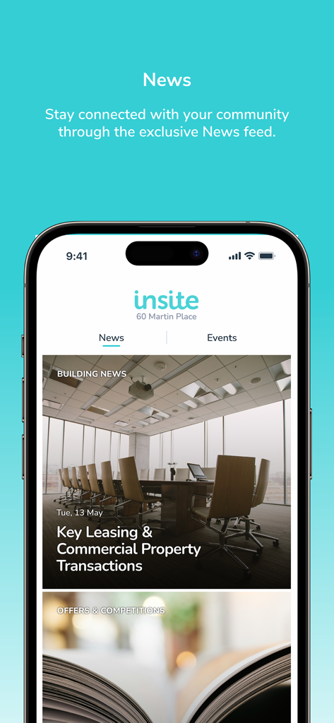Insite by Investa - Feed de noticias de la aplicación Insite by Investa que muestra actualizaciones de la comunidad del edificio y noticias de la propiedad.