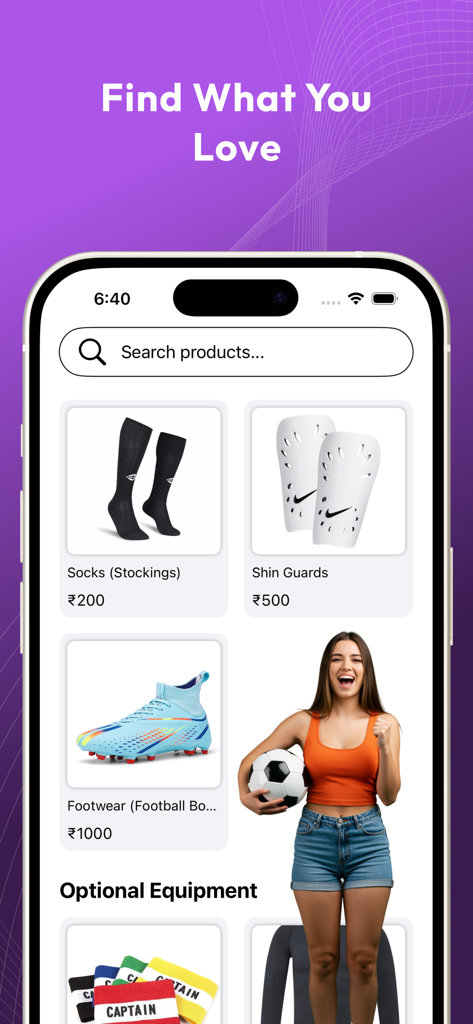 Jimo - Let's play - Mobile app interface displaying football gear like boots and shin guards with a search bar.