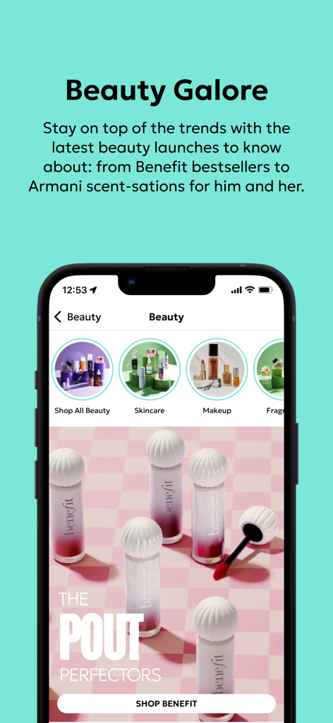 The Debenhams app beauty section showing makeup categories and Benefit brand products.
