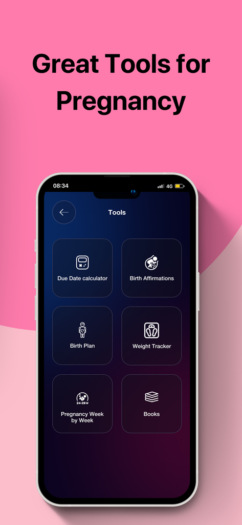 Contraction Timer · - Pantalla de aplicación móvil que muestra varias herramientas de embarazo, incluido un calculador de fecha de parto, plan de parto y rastreador de peso.