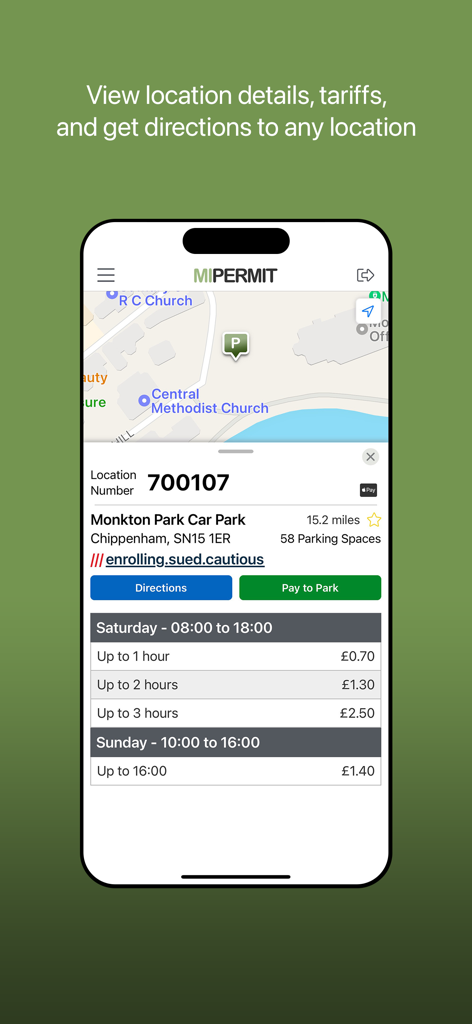 MiPermit - MiPermitアプリインターフェース。Monkton Park Car Parkの駐車場所の詳細、料金、地図を表示します。