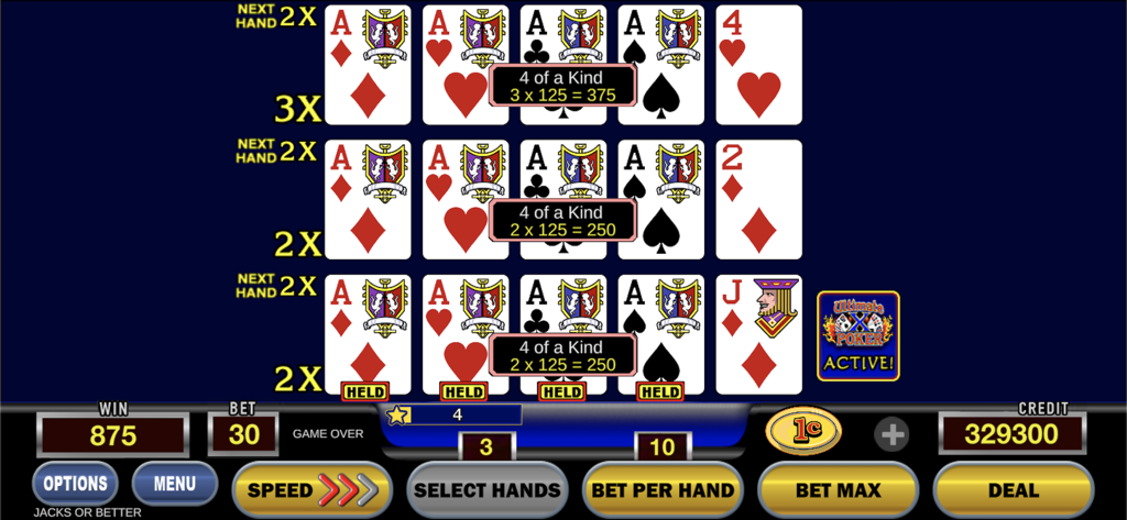 Ultimate X Poker - Video Poker - アルティメットXビデオポーカーのスクリーンショット。トリプルプレイハンドと4カードエース、アクティブな勝利マルチプライヤーが表示されています。