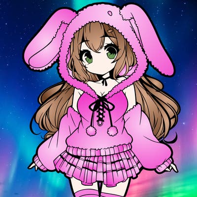 pretty anime girl wearing a fluffy hoodie with bunny ears on the hood and a skirt