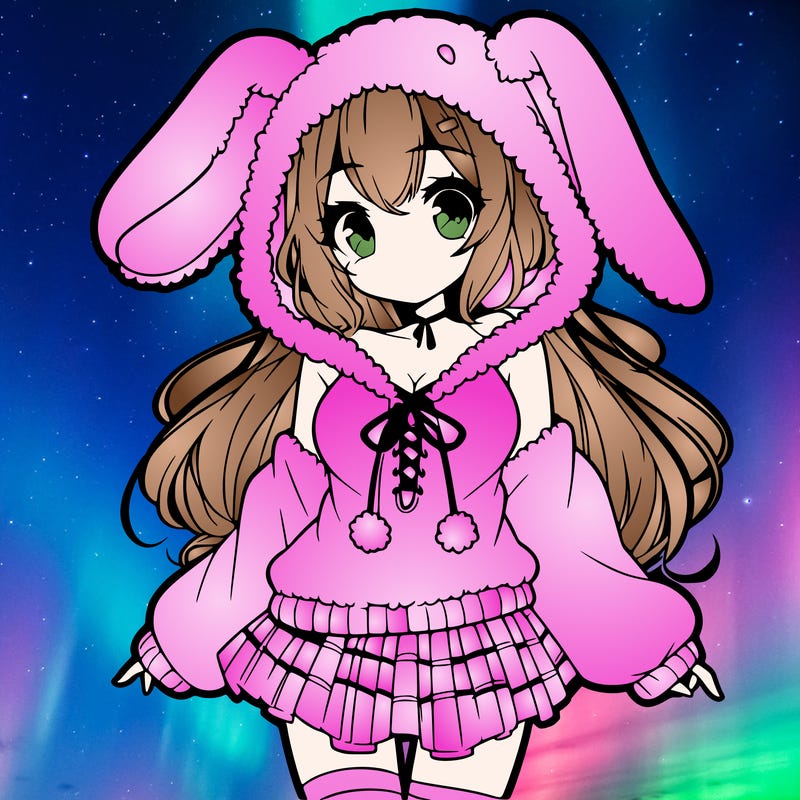 pretty anime girl wearing a fluffy hoodie with bunny ears on the hood and a skirt