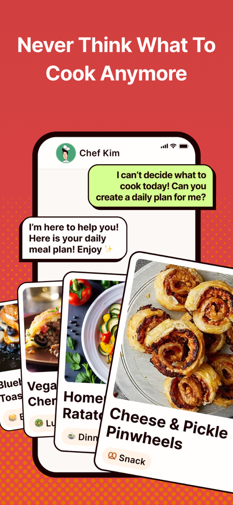 Magic Chef AI Recipe Generator - Magic Chef AIのチャットインターフェースが、ビジュアルレシピカード付きのパーソナライズされた毎日のミールプランを提供