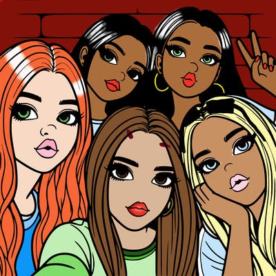 group of teen girls friends y2k up close in a selfie