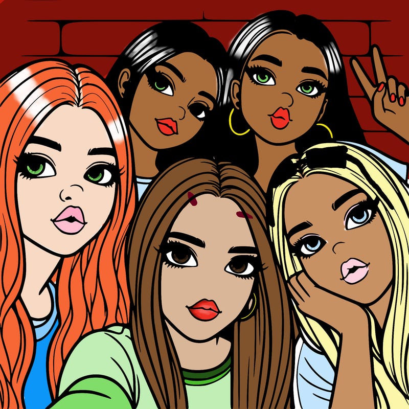 group of teen girls friends y2k up close in a selfie