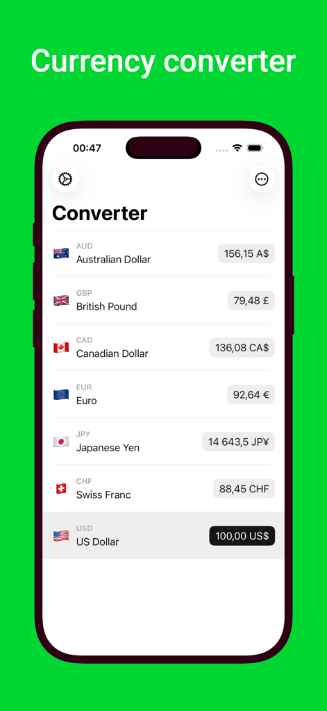 Money Converter - Cashmate - La aplicación convertidora de divisas Cashmate mostrando múltiples tipos de cambio simultáneamente en una pantalla para viajes y compras.