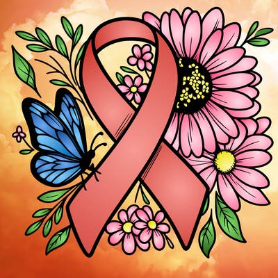 cancer awareness symbol with flowers and butterflies