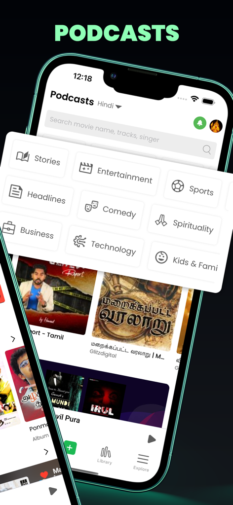 Raaga - Songs & Podcasts - Raaga app podcast interface showing various categories like stories entertainment and sports
