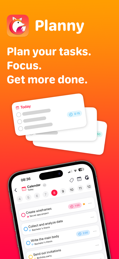Planny • Daily Planner - A interface do aplicativo Planny exibindo uma agenda diária com tarefas e eventos de calendário.