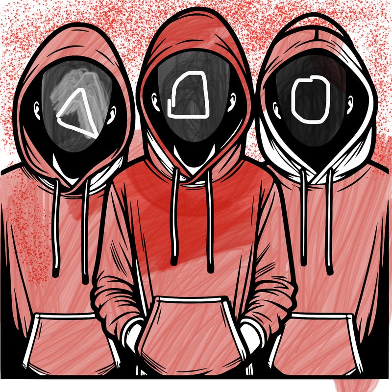 3 faceless people in  hoodies