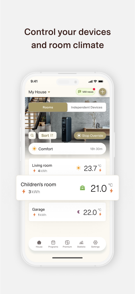 Mill Norway app interface showing smart heating control and energy consumption statistics for multiple rooms