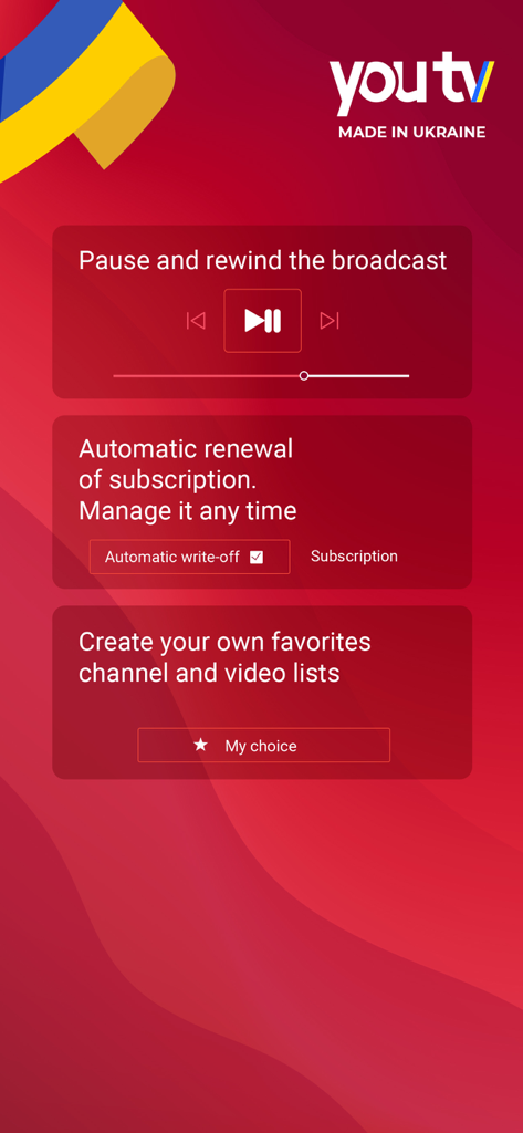 youtv — online TV and movies - Interfaz de la app youtv mostrando controles de reproducción para pausar y rebobinar transmisiones, configuraciones de gestión de suscripción y una función para crear listas de canales favoritos.