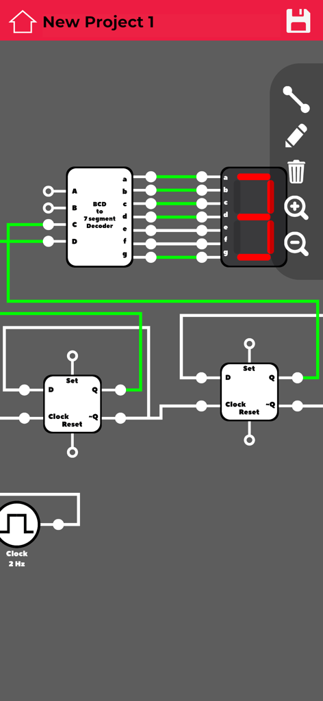 Logic Circuit Simulator - Una simulación de circuito lógico digital que muestra un decodificador BCD a siete segmentos conectado a una pantalla.