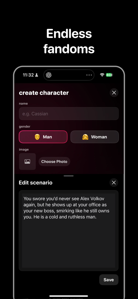 BookTok: Romance & Fandom - Interface para criar um personagem e editar um cenário de história de romance no aplicativo BookTok.