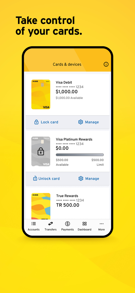 ASB Mobile Banking - ASB Mobile Banking app interface showing card management features like locking and unlocking debit and credit cards