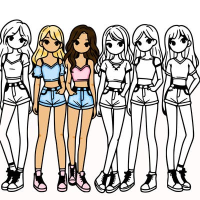 a group of girls wearing crop tops and shorts