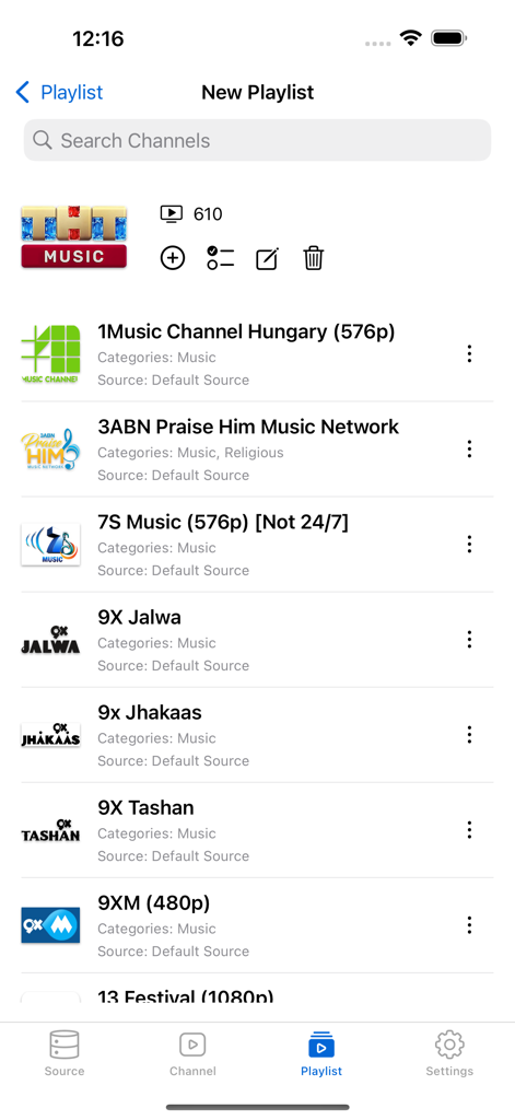 IPTV Cast - Interface of the IPTV Cast app showing a list of music channels and playlist management tools