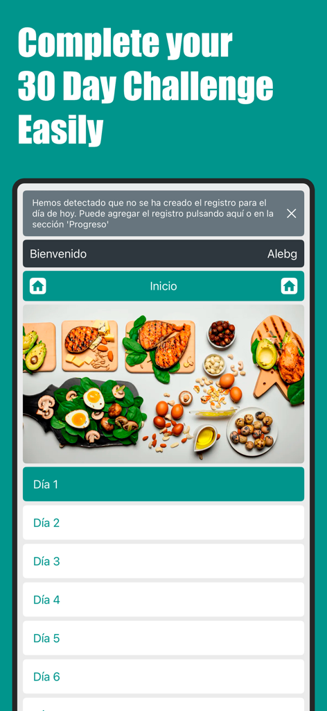 Pantalla de la aplicación móvil que muestra un plan de comidas de desafío keto de 30 días con fotografía de comida saludable y una lista de menú diario.