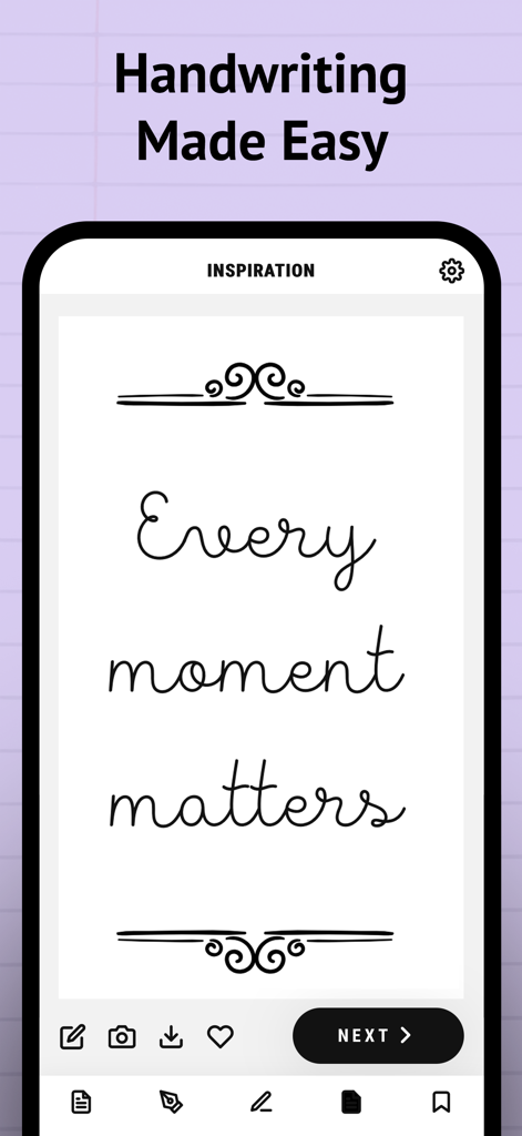 Uno screenshot di un'app mobile che mostra il testo corsivo "Every moment matters" con svolazzi decorativi sotto il titolo "Handwriting Made Easy".