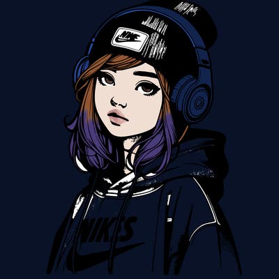 realistic girl wearing a hoodie and a beanie and headphones and nikes