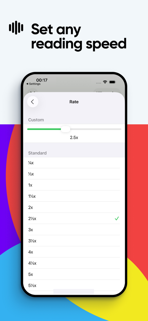 Voice Aloud Reader - Voice Aloud Reader app interface showing custom reading speed settings and rate presets