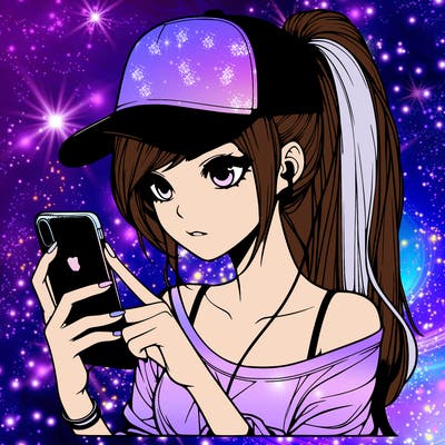 realistic girl with a long ponytail and trucker hat holding an iphone