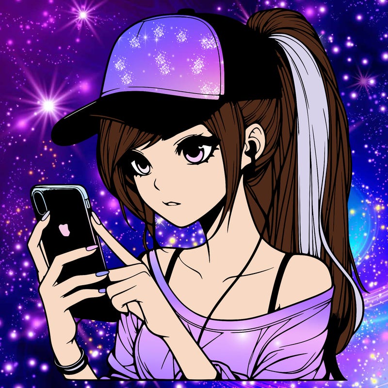 realistic girl with a long ponytail and trucker hat holding an iphone