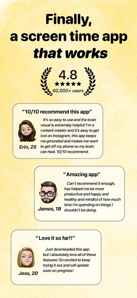 User reviews and ratings for the Brainrot screen time control app showing positive feedback and a 4.8 star rating.