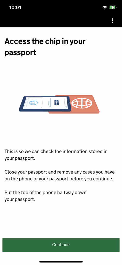 Screen in the UK ETA app showing instructions for scanning a passport's electronic chip