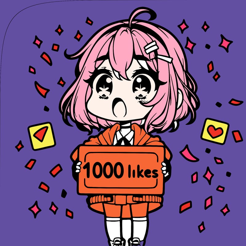 a chibi girl with a shocked expression with a sign that says "1000 likes" with confetti around her