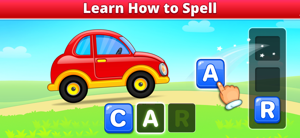 ABC Spelling - Spell & Phonics - Interactive educational game screen showing a child spelling the word CAR with letter tiles and a cartoon car illustration.