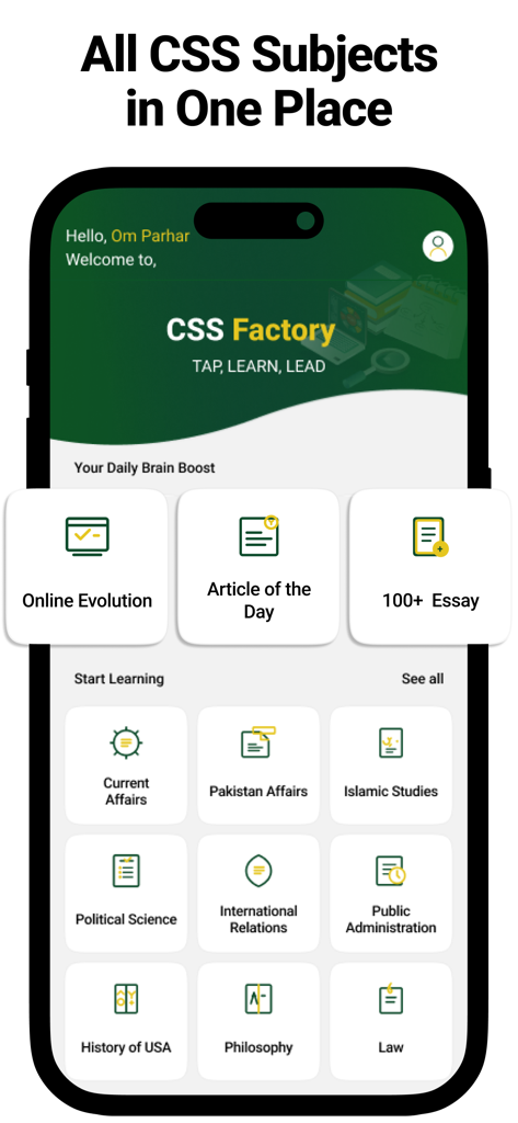 CSS Factory: Exam Preparation - CSS Factory exam preparation app dashboard showing study subjects and evaluation tools
