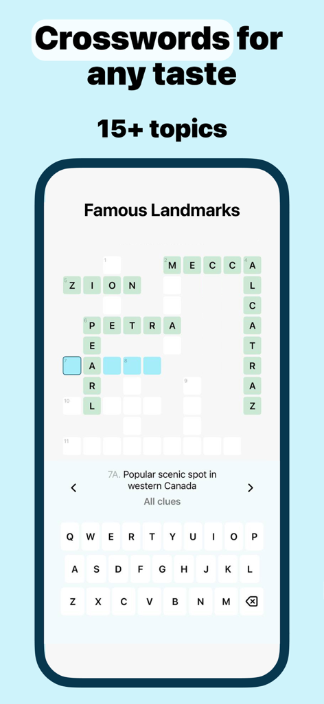 Screenshot of a crossword puzzle feature in the Word of the Day app showing famous landmarks topic