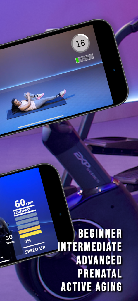Fitscope app displaying a core workout video and real-time performance data with workout levels from beginner to active aging.