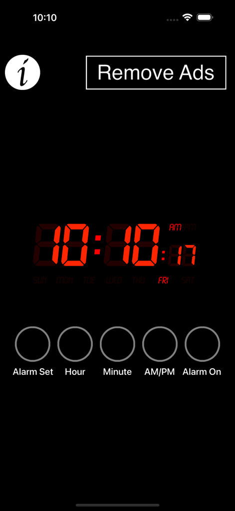Alarm Clock - Wake Up Easily! - Una aplicación de reloj despertador digital con pantalla LCD roja y botones de configuración grandes sobre un fondo negro