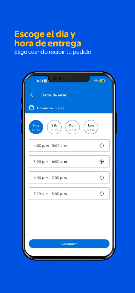 Walmart Centroamérica - Interfaz de la aplicación Walmart Centroamerica mostrando la selección del día y la hora de entrega