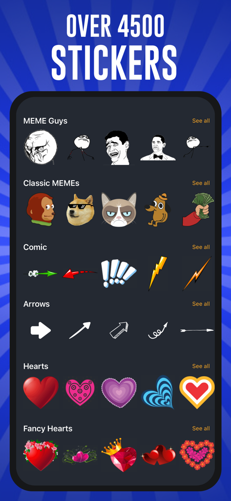 クラシックなミーム、矢印、ハートなど、4500種類以上のステッカーコレクションを表示するMeme Maker Proアプリのインターフェース。