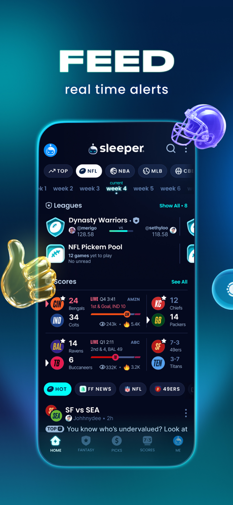 Sleeper app mobile interface showing a real-time sports feed with live NFL scores and fantasy leagues