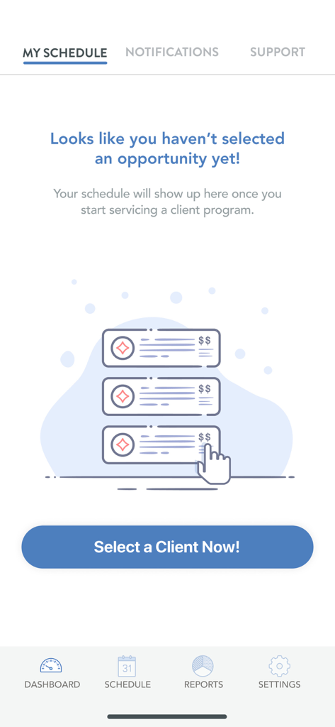 Arise On The Go app interface showing an empty schedule screen with a button to select a client program