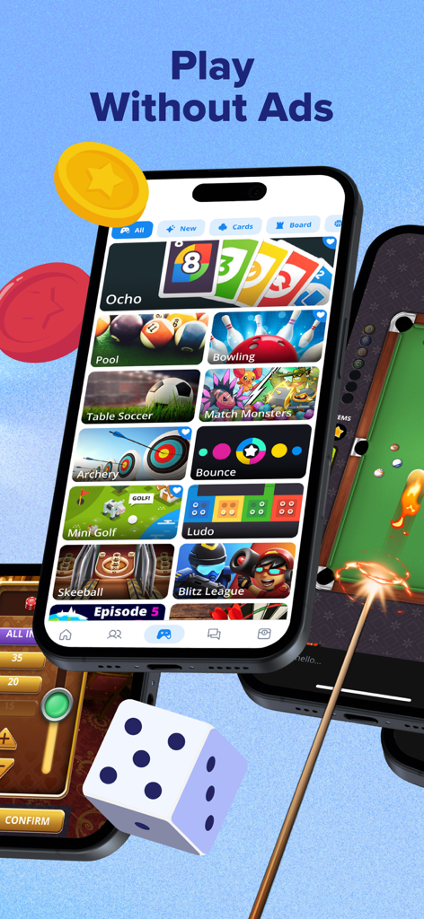 Smartphone que muestra la biblioteca de juegos de la aplicación Plato con Ocho, Pool y Bowling sin anuncios