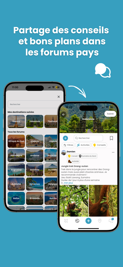 Go Frenchies - Go Frenchies App-Bildschirme, die ein Verzeichnis von Länderforen und einen spezifischen Reise-Tipp-Beitrag für Indonesien zeigen