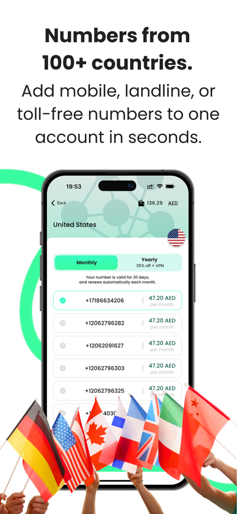 VirtualSIM by BNESIM - VirtualSIM by BNESIM app displaying international phone number selection and global flags