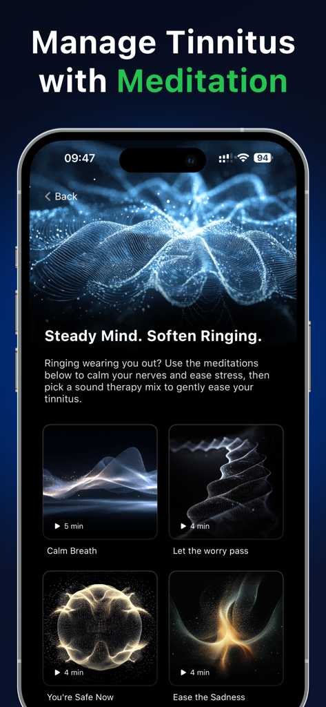 TinniSound: Tinnitus Relief - A mobile interface for TinniSound showing a meditation section to manage tinnitus with sessions like Calm Breath and Let the worry pass.
