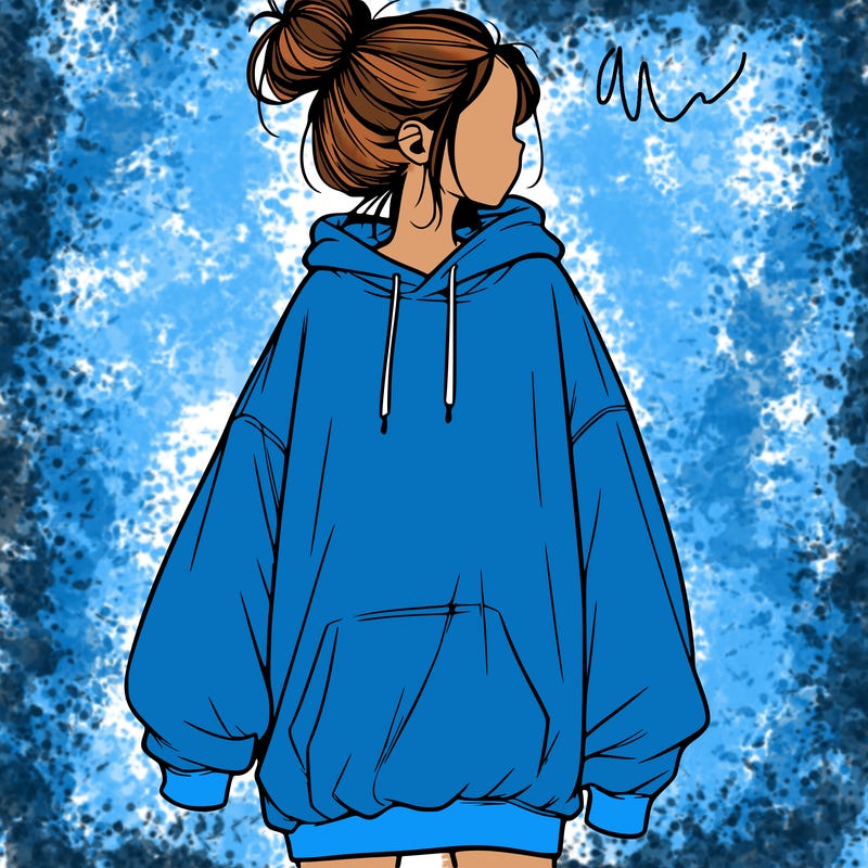 realistic girl with a oversized sweatshirt on and a bun
