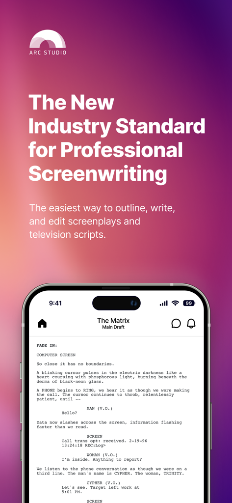 Arc Studio Screenwriting - Arc Studio Screenwriting app displaying a professional screenplay for The Matrix on a smartphone screen