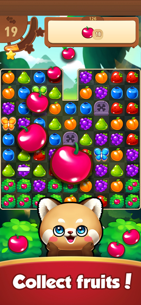 Fruits Master : Match 3 Puzzle - Gameplay screen of Fruits Master Match 3 Puzzle showing colorful fruit icons and a cute red panda character.